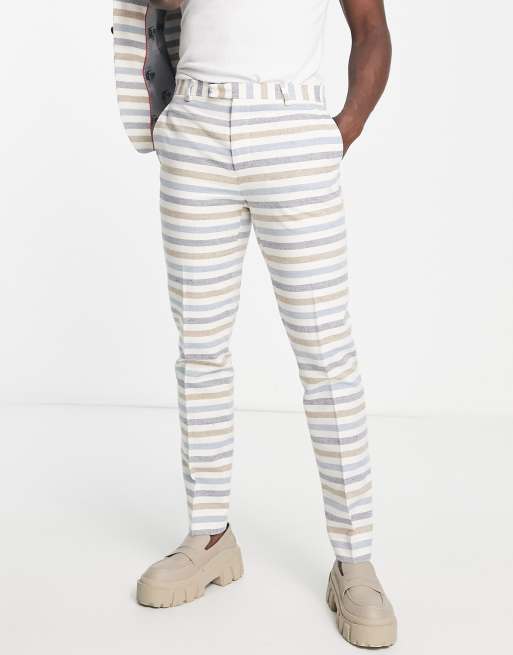 Twisted Tailor - Puig - Pantaloni da abito slim bianchi a righe multicolore orizzontali