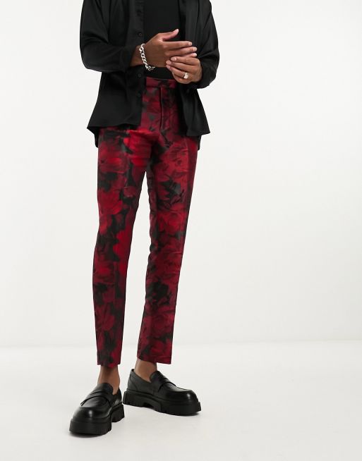 J51388 Red and Black Mix Color Dress Pants Mens Floral Dre