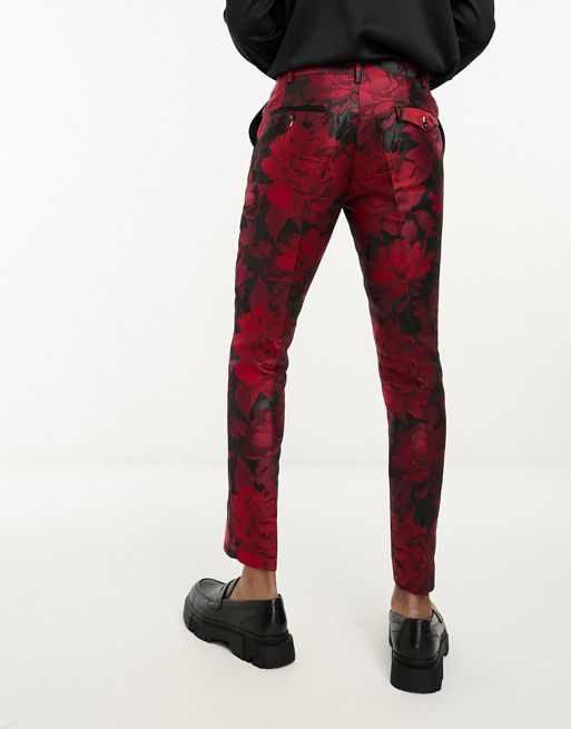 J51388 Red and Black Mix Color Dress Pants Mens Floral Dre