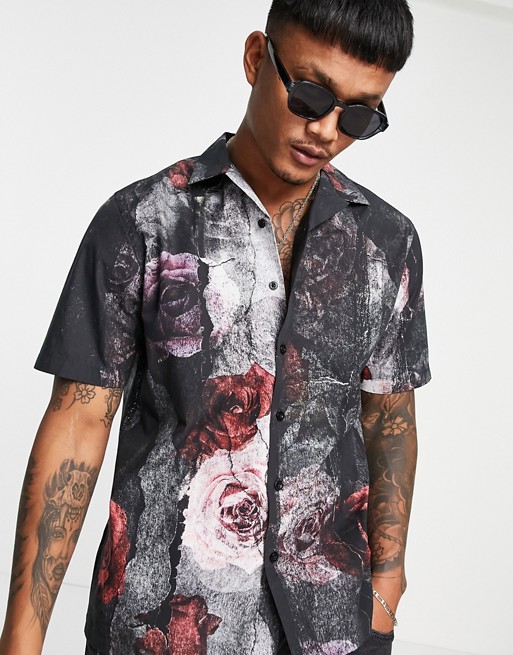 Twisted Tailor revere collar shirt with torn paper floral print in black