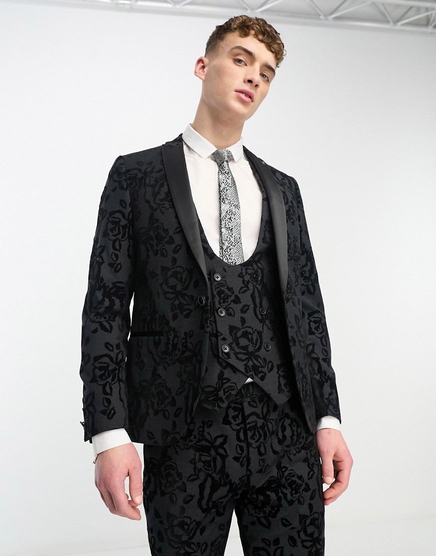 Twisted Tailor Reyes Skinny Suit Jacket In Black With Floral Flocking