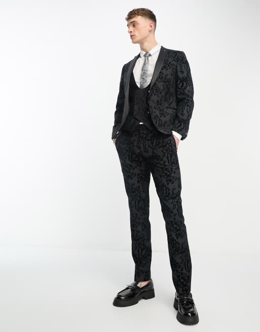 Twisted Tailor Reyes skinny suit jacket in black with floral flocking