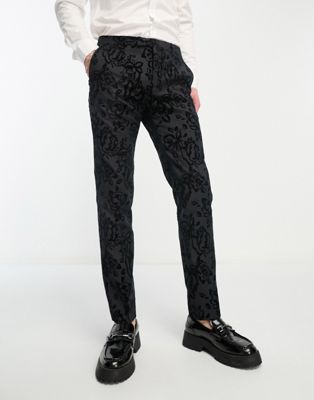 Twisted Tailor Reyes skinny suit trousers in black with floral flocking