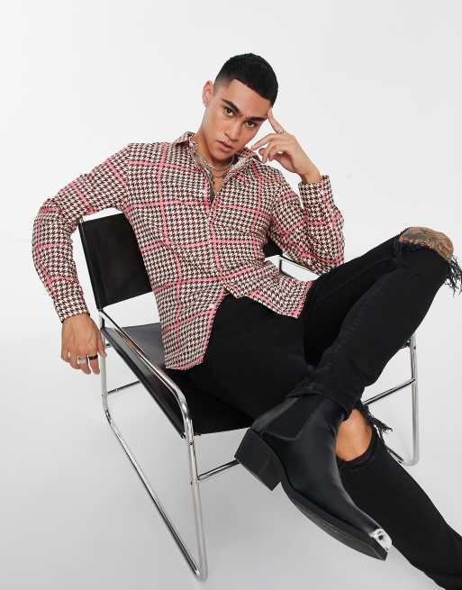 Twisted Tailor - Ribery - Camicia slim rosa a quadri con motivo pied de poule