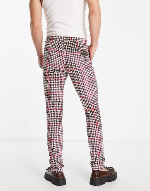 Twisted Tailor ribery skinny suit pants in pink houndstooth check