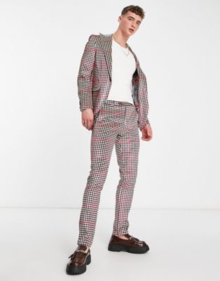 Twisted Tailor ribery skinny suit trousers in pink houndstooth check