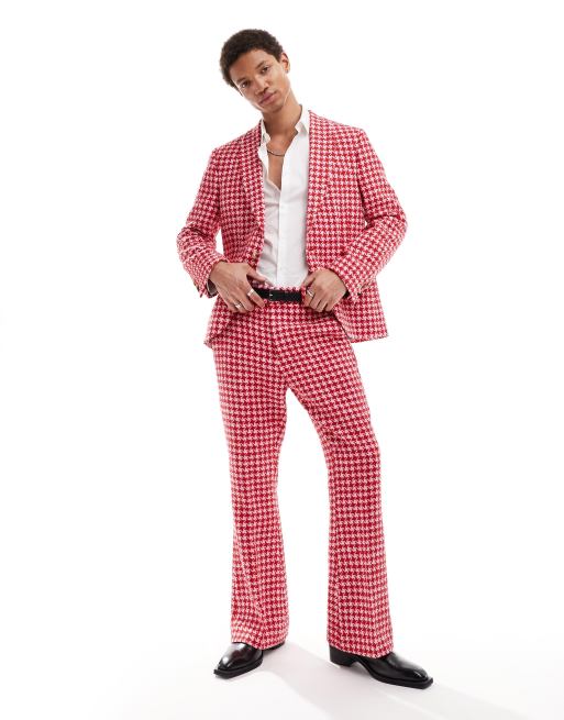 Twisted Tailor – Röda och rosa kostymbyxor med utsvängd design och hundtandsmönster