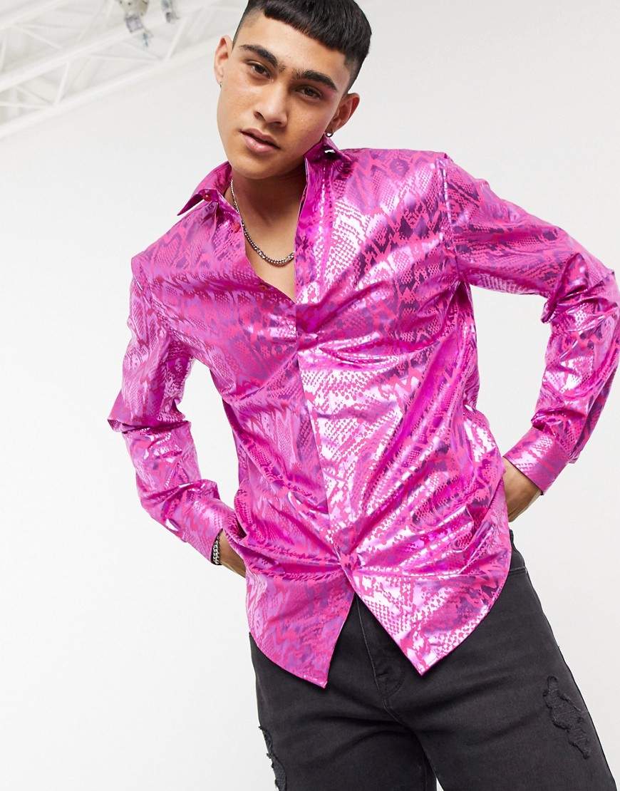 Twisted Tailor – Rosa ormskinnsmönstrad skjorta i extra smal passform med foliefinish-Pink
