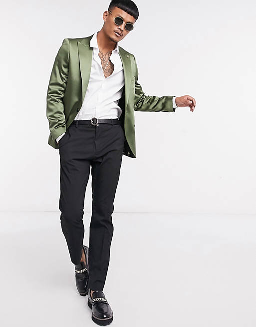 Twisted Tailor satin suit jacket in khaki | ASOS