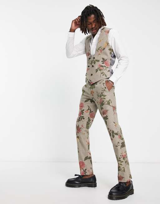 Twisted Tailor – Sember – Anzughose mit Wollanteil in Beige mit auffälligem Blumenmuster