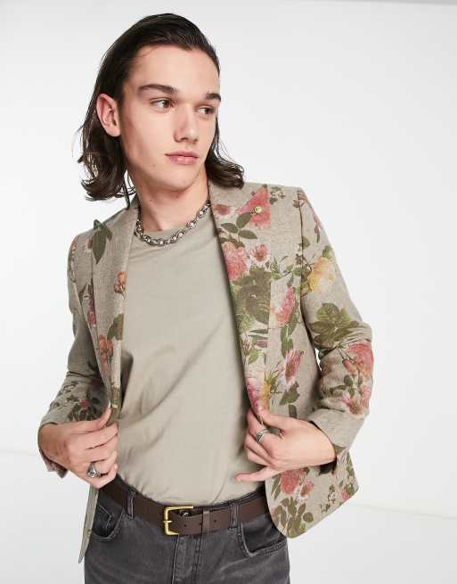 Twisted Tailor – Sember – Anzugjacke mit Wolle in Beige mit Blumenmuster