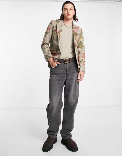 Twisted Tailor sember suit jacket in beige wool with placement floral print