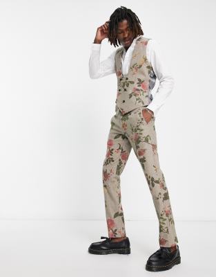 Twisted tailor sember suit pants in beige wool with placement floral print