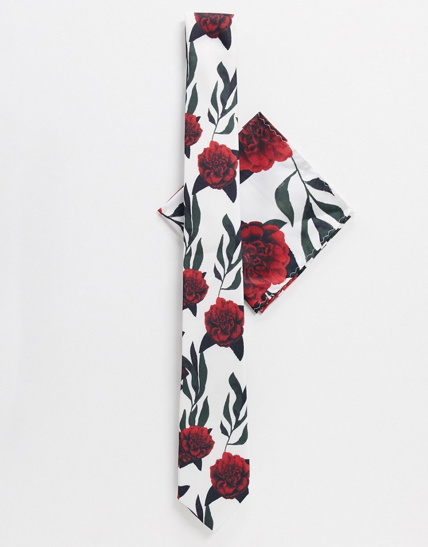 Twisted Tailor - Set con cravatta bianca con stampa a fiori rossa-Bianco
