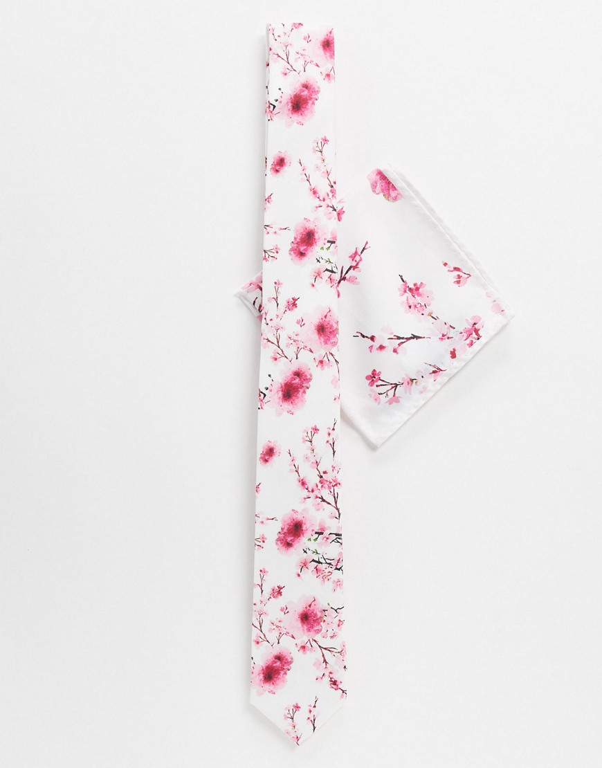 Twisted Tailor - Set con cravatta bianca con stampa rosa bocciolo-Bianco