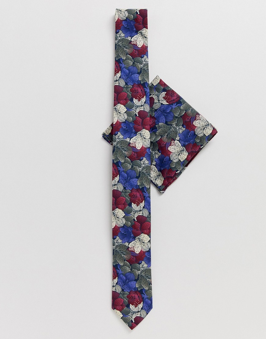 Twisted Tailor - Set con cravatta e fazzoletto da taschino blu con stampa a fiori