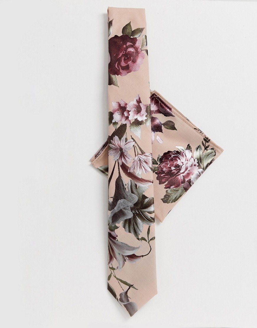 Twisted Tailor - Set cravatta e fazzoletto da taschino a fiori metallizzati-Rosa