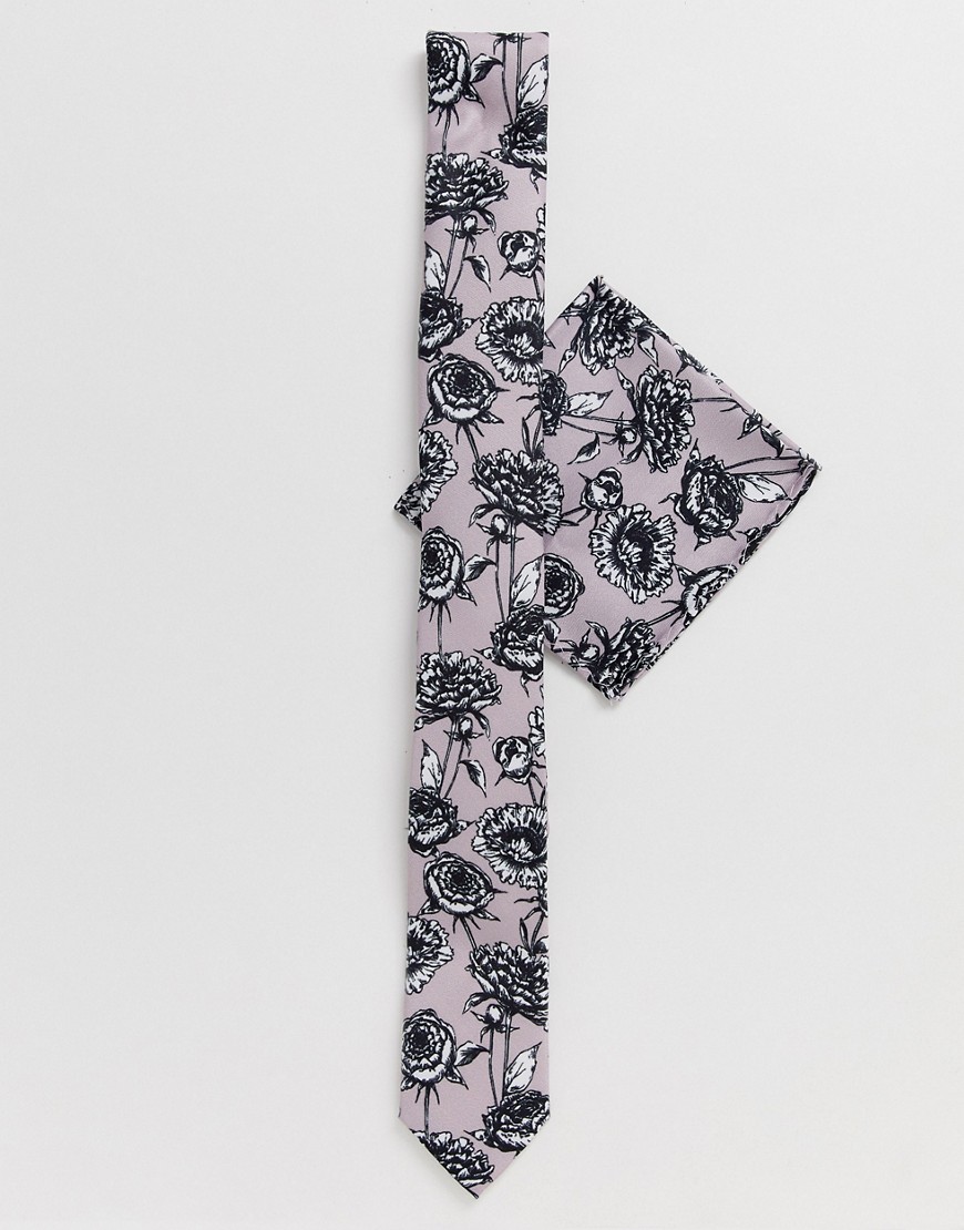 Twisted Tailor - Set cravatta e fazzoletto da taschino rosa a fiori