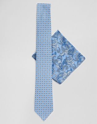 Twisted Tailor - Set met stropdas en pochet in blauw met paisley bloemen