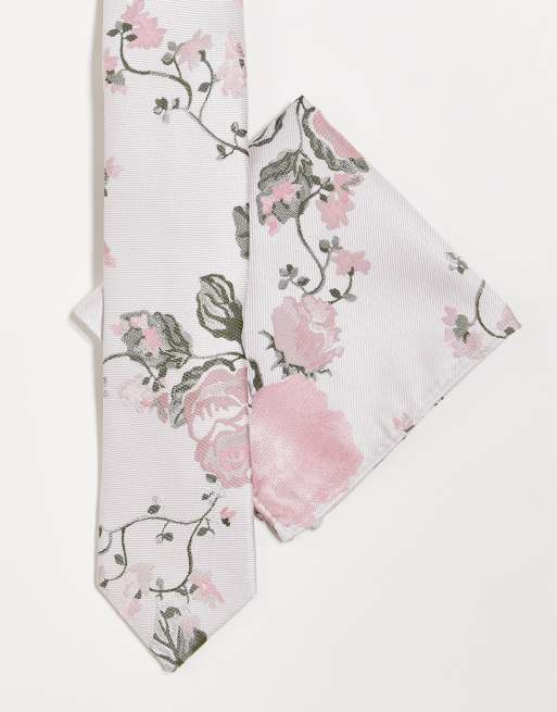 Twisted Tailor – Set mit Krawatte und Einstecktuch in Weiß mit Rosen-Design