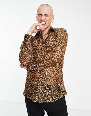 Twisted Tailor Shackley Slim Shirt In Navy Mesh With Leopard Print