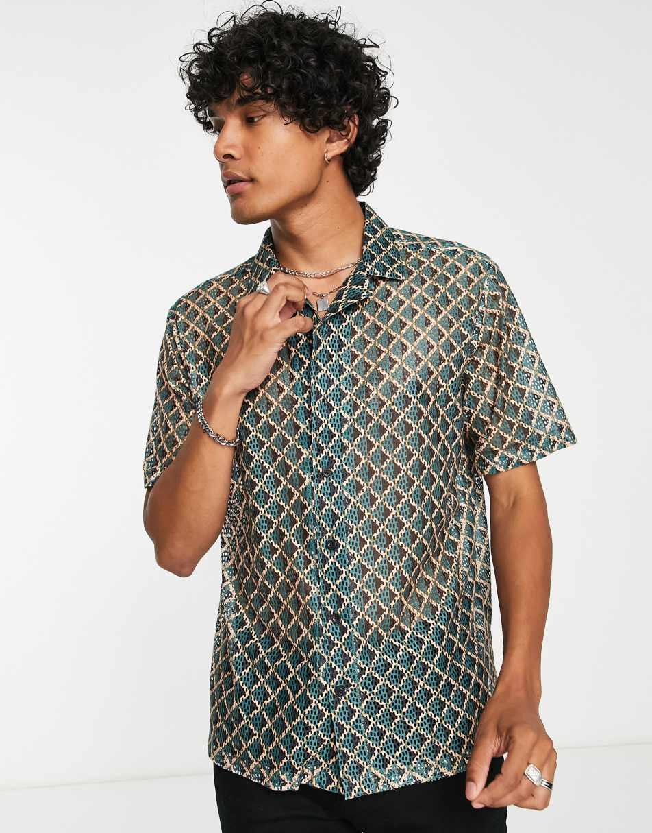 Twisted Tailor shadoff shirt with revere collar in geometric vintage lace