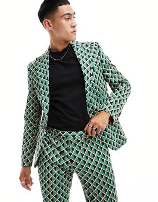 Shop Twisted Tailor Shadoff Suit Jacket In Green With Geometric Vintage Print