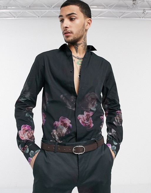 Twisted Tailor shirt with faded rose print in black