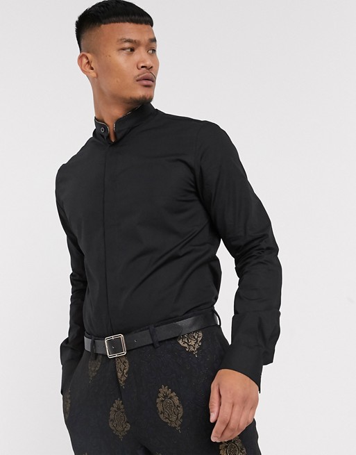 Twisted Tailor shirt with metallic piping grandad collar in black