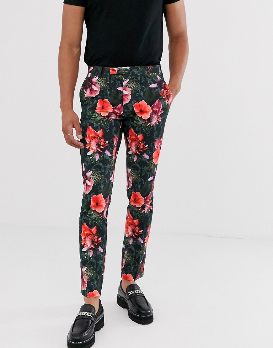 Twisted Tailor - Skinny broek met tropische bloemenprint in groen