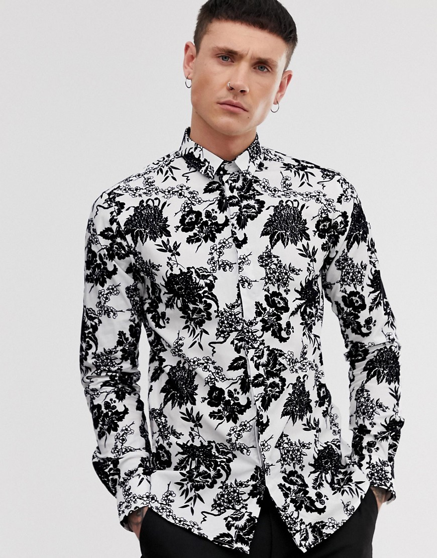 Twisted Tailor - Skinny-fit overhemd met flockprint in zwart-wit