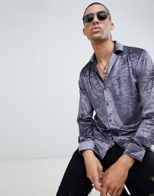 Twisted Tailor skinny fit shirt in gray crushed velvet | ASOS