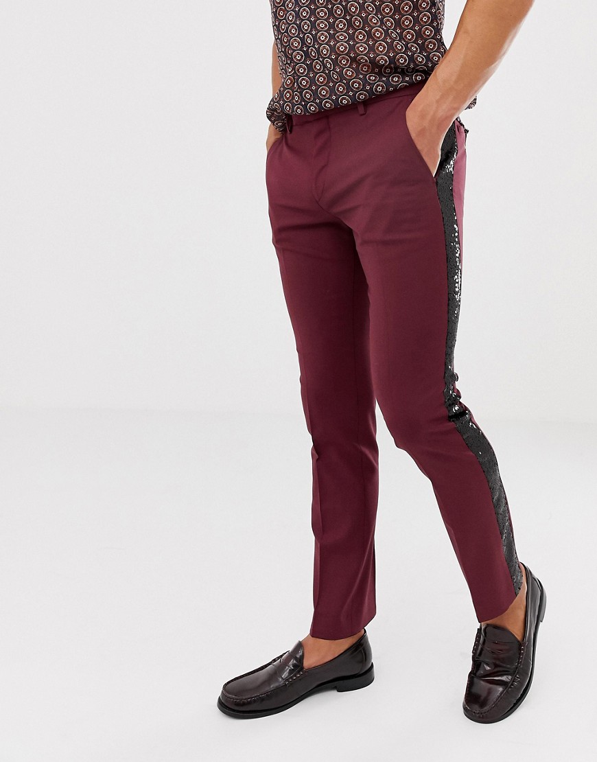 Twisted Tailor skinny fit trouser in burgundy with sequin stripe-Red