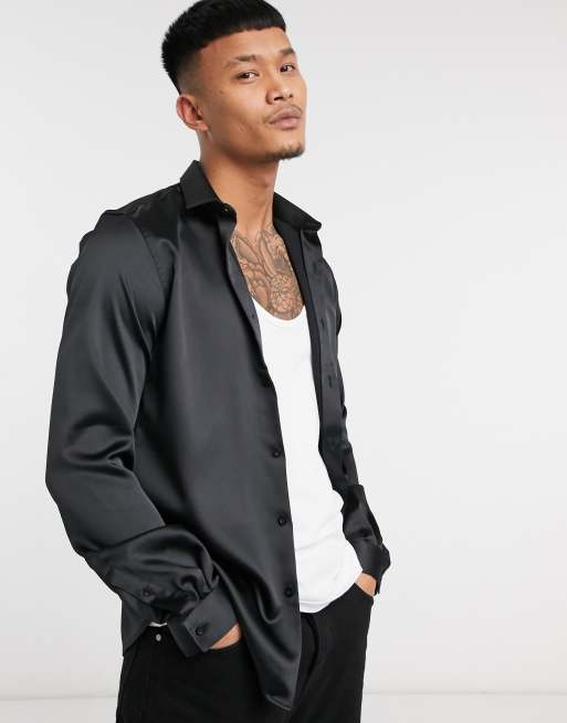 Twisted Tailor skinny satin shirt in black | ASOS