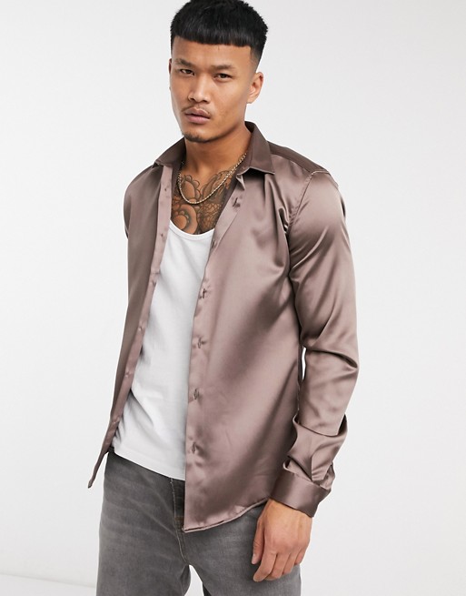 Twisted Tailor skinny satin shirt in coffee brown