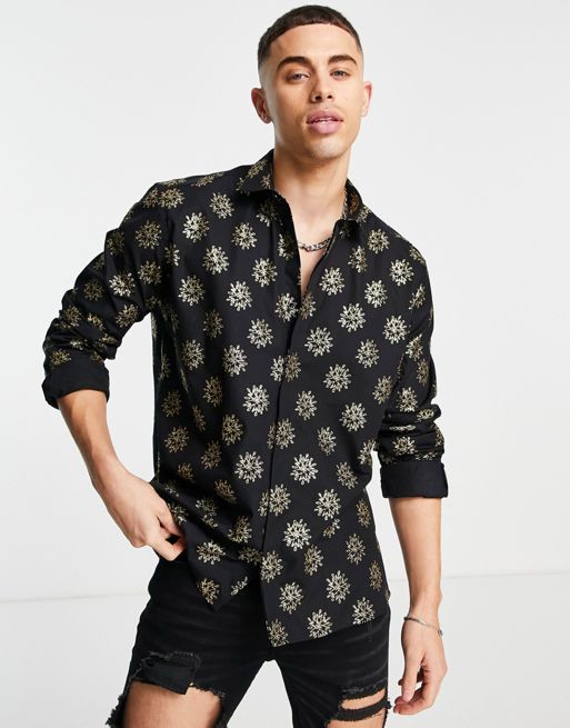 Twisted Tailor skinny shirt in black with gold star foil print | ASOS