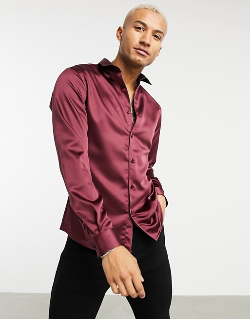 Twisted Tailor skinny shirt in burgundy satin