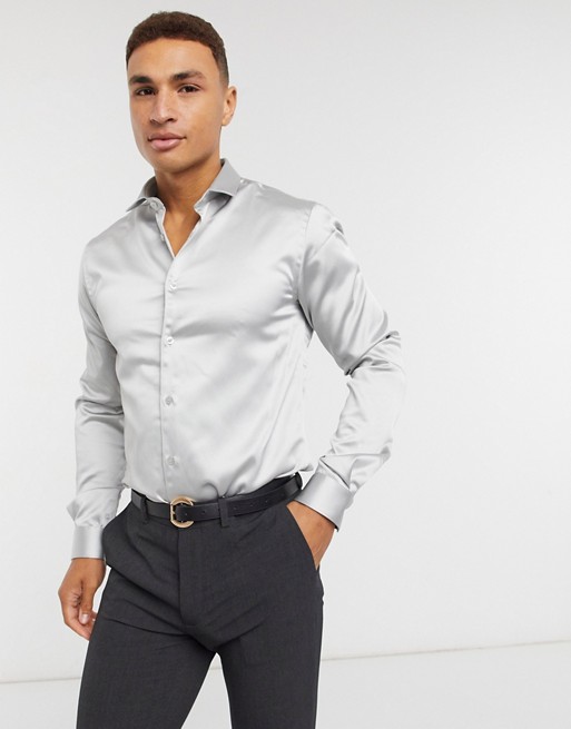 Twisted Tailor skinny shirt in grey sateen