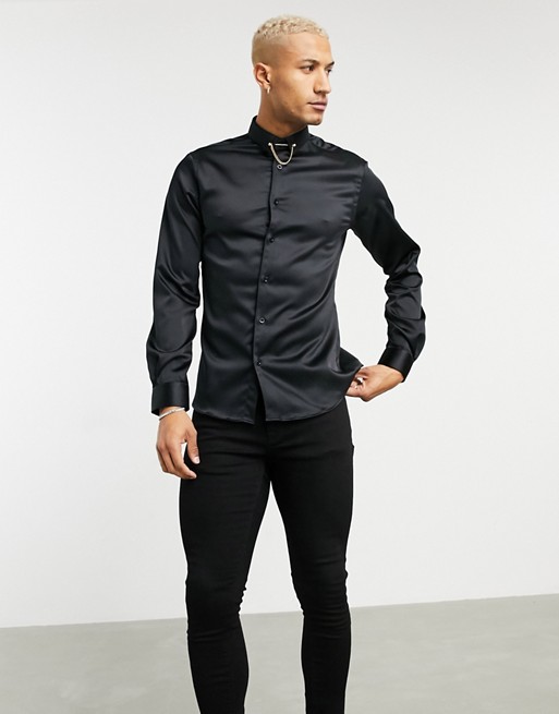 Twisted Tailor skinny shirt with double collar chain in black satin