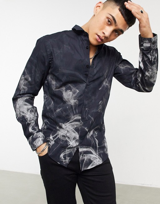 Twisted Tailor skinny shirt with faded smoke print in black