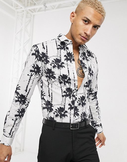 Twisted Tailor skinny shirt with ink palm print in black and white