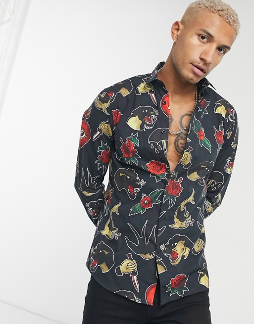 Twisted Tailor skinny shirt with tattoo print in black