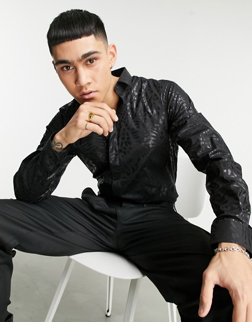 Twisted Tailor skinny shirt with tonal leopard print in black