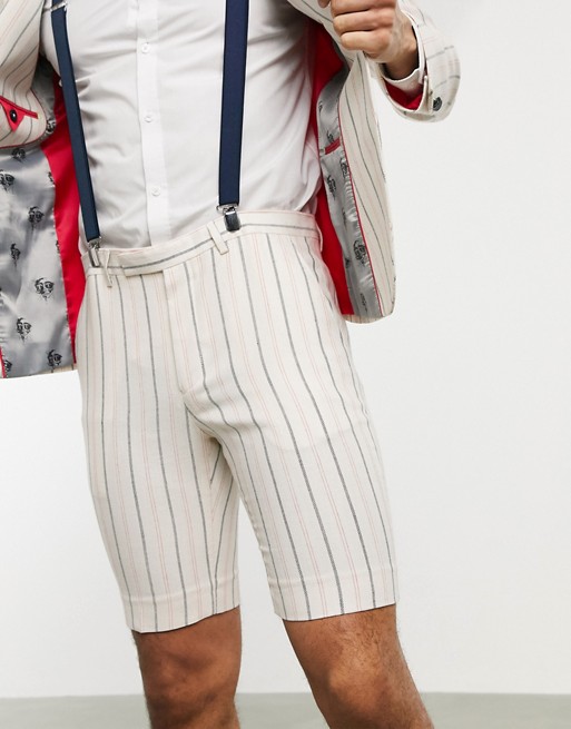 Twisted Tailor skinny suit shorts with stripes in cream