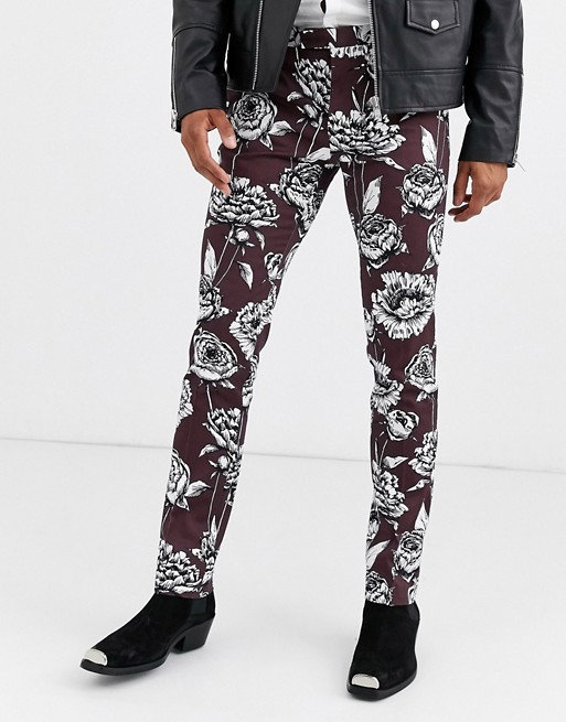 Twisted Tailor skinny trousers with floral print in burgundy