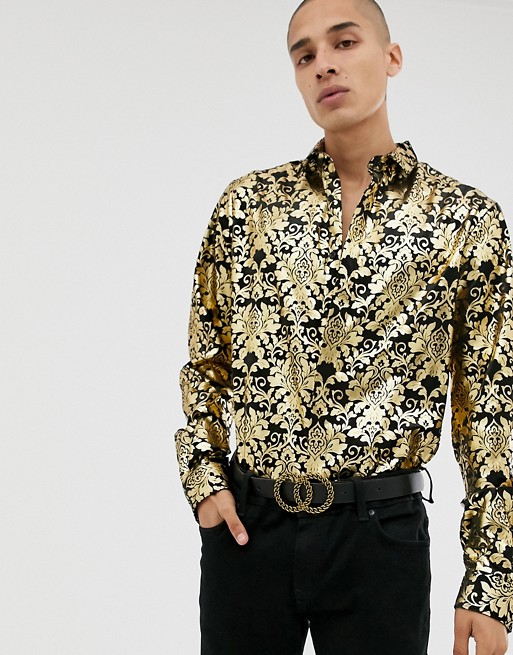 Twisted Tailor skinny velvet shirt with gold baroque print