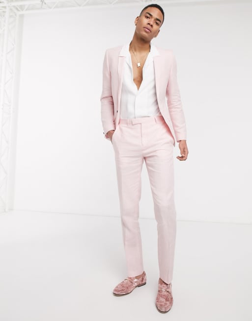 Twisted Tailor slim linen suit jacket in light pink