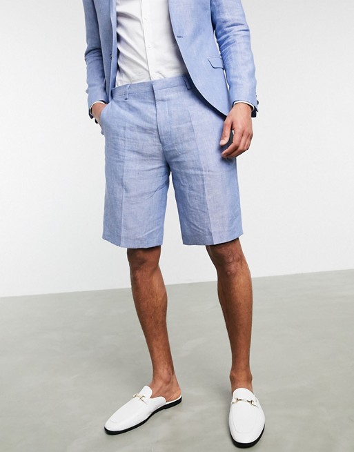 Twisted Tailor slim linen suit shorts in light blue