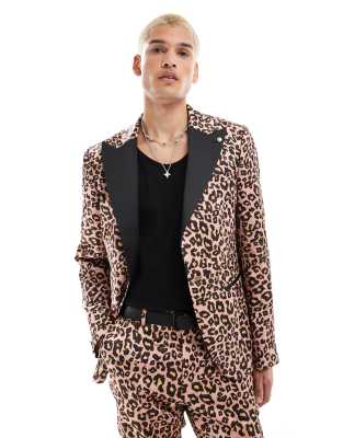 Twisted Tailor Twisted Tailor slim suit jacket in leopard print co-ord-Black