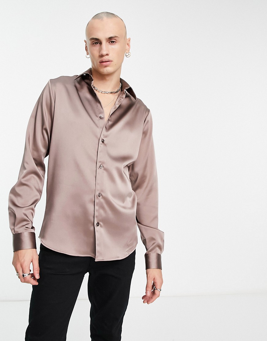 Twisted Tailor Slinky Slim Shirt In Champagne-gold